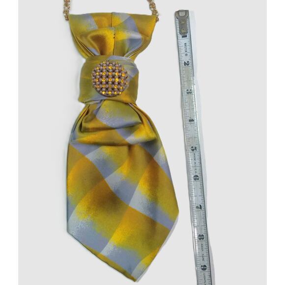 Vintage Silk Tie Necklace Artisan Italy Gold Silver Hue Upcycled Amber Jewel NEW - Picture 11 of 13
